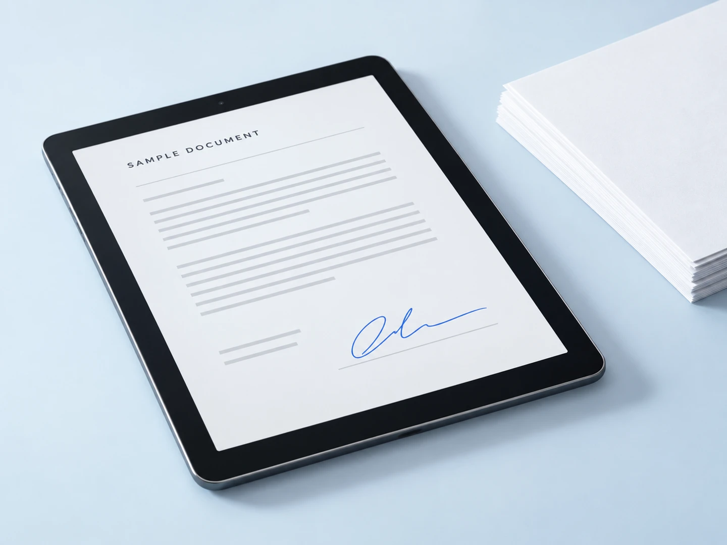 A tablet showing a sample agreement with a signature